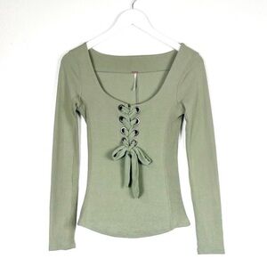 Free People cotton Looking Back lace up chest grommet light green top Size XS